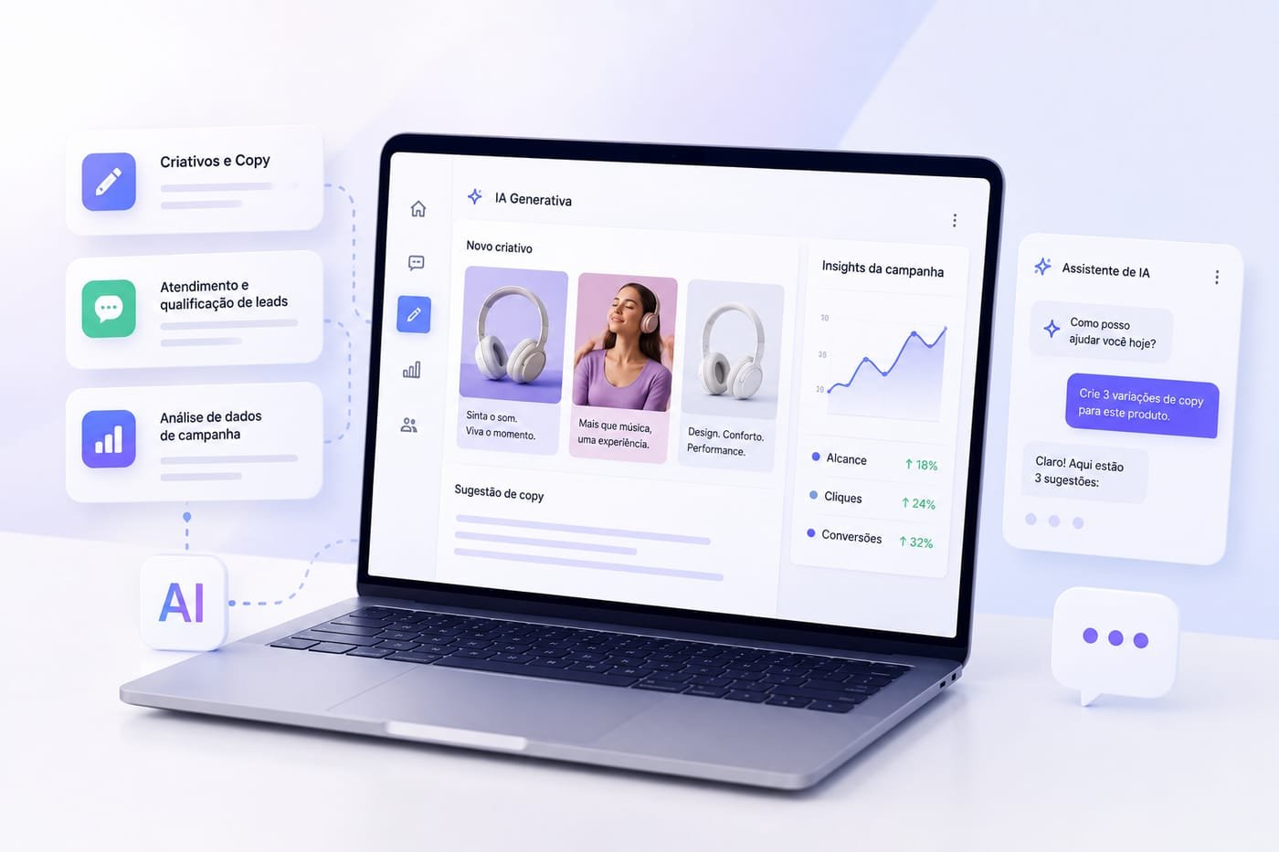 Profissional de marketing gerando variações de criativos com IA no Meta Ads a partir de um notebook