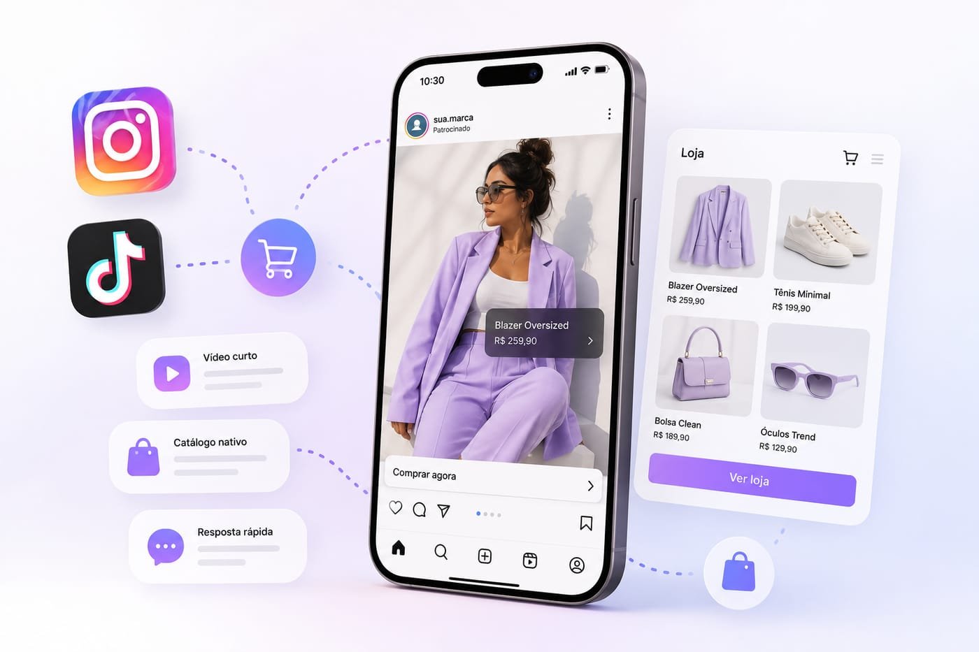 Anúncio patrocinado no Instagram com produto marcado para compra direta, conectado a um catálogo de loja com vídeo curto, catálogo nativo e resposta rápida